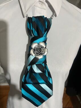 Teal and Black Striped Satin Necktie  Necklace with Silver Rose Accent
